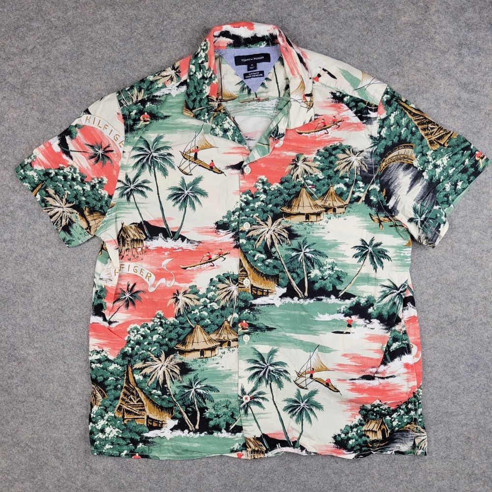 Tommy Hilfiger Shirt Mens Medium Tropical Aloha Button Front Hawaiian Casual